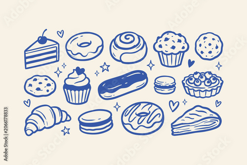 Set of cute hand drawn sweet desserts and pastries including cake donut muffin cookie croissant and cupcake doodles Vector, illustration