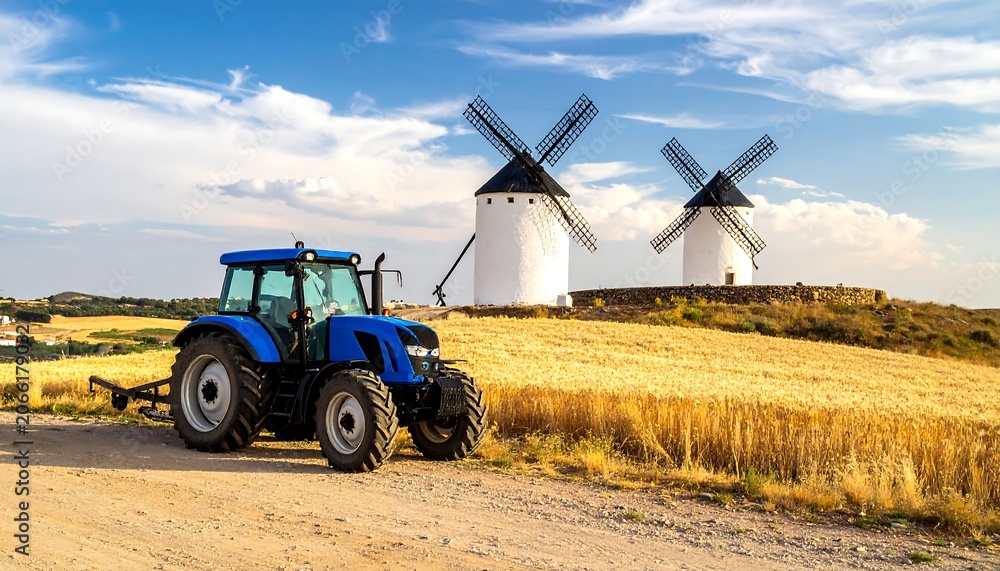 Fototapeta premium A blue tractor drives on a dirt road past two white windmills