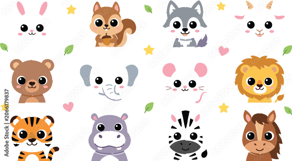 Fototapeta premium Cute animal face collection featuring bear squirrel wolf goat elephant mouse lion tiger hippopotamus zebra and horse cartoon icons