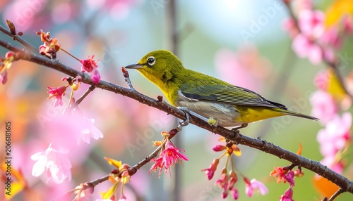 Yellow bird on cherry blossom branch
