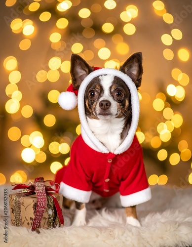 A brown and white dog wearing a Santa outfit sits beside a gift