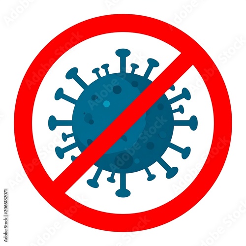 A blue virus icon with protrusions inside a red prohibition sign