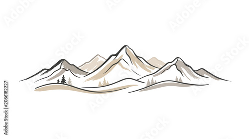 Stylized Mountain Range with Pine Trees, Nature Landscape Illustration
