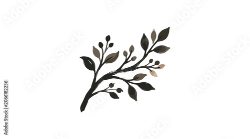 Delicate Botanical Illustration: Branch with Leaves and Berries, Hand-Drawn Style