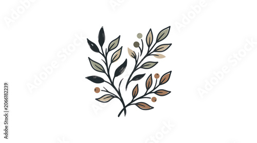 Botanical Illustration: Delicate Branch with Leaves and Berries, Hand-Drawn Style