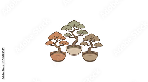 Three stylized bonsai trees in pots, isolated on white background, artistic illustration.