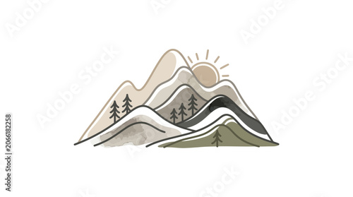 Minimalist Mountain Landscape with Sun and Trees Illustration