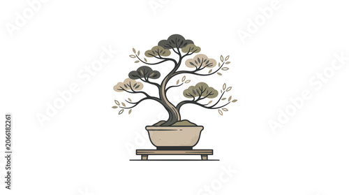 Artistic Bonsai Tree in Pot, Minimalist Japanese Garden Art, Zen Illustration