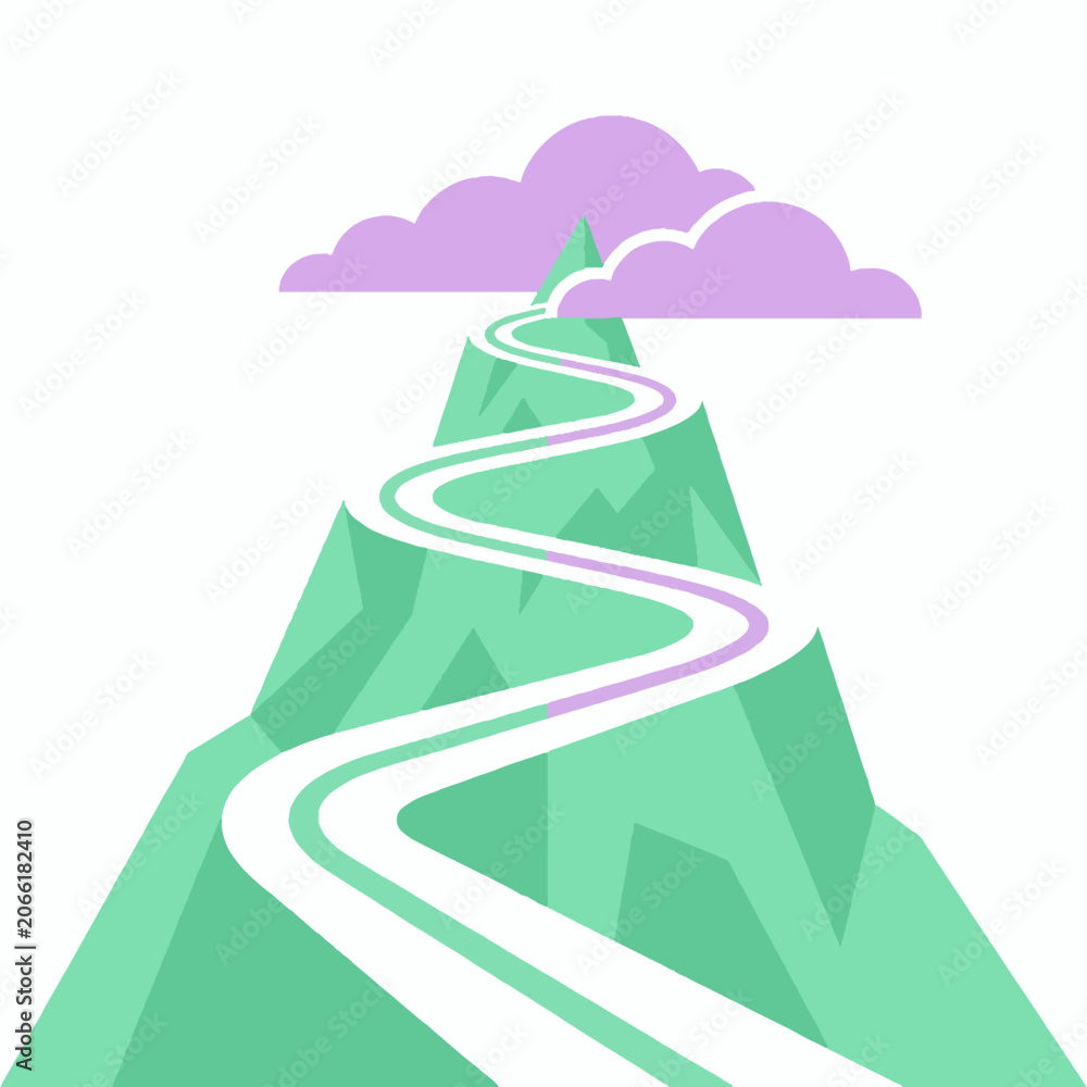 Naklejka premium Winding road leading to the top of a green mountain peak with purple clouds vector illustration.