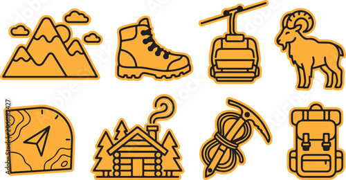 Photos Set of eight orange outdoor hiking and mountain travel icons with mountain adven