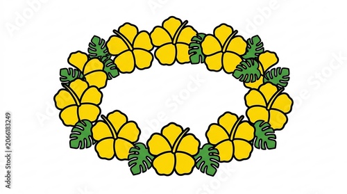 Oval hibiscus flower wreath with tropical green leaves