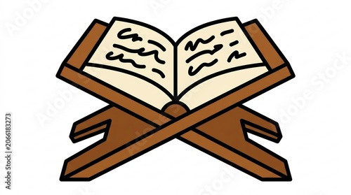 Open holy book on a traditional wooden folding stand
