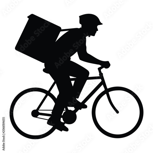 Silhouette of a delivery person riding a bicycle with a large bag