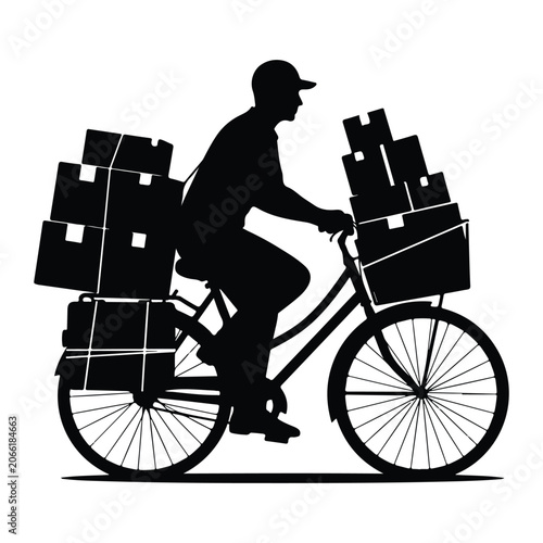Silhouette of a delivery person riding a bicycle with packages