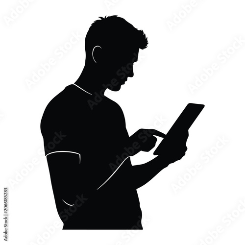 Silhouette of a man browsing on a tablet male person