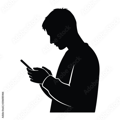 Silhouette of a man browsing on a smartphone, side profile