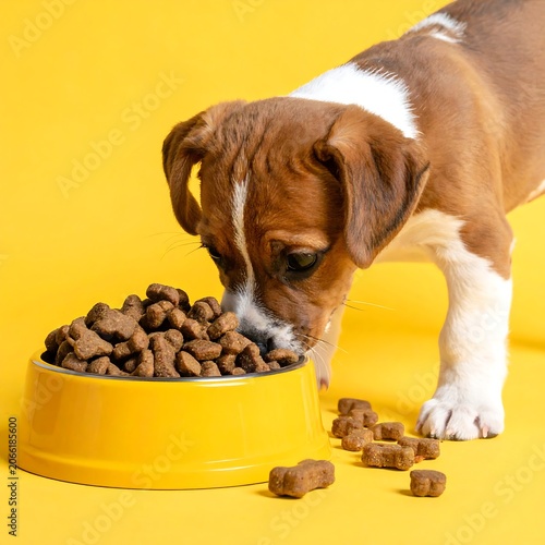 A brown and white puppy eating from a bowl of dog food on a yellow background
