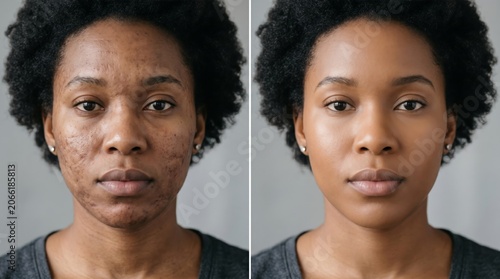 Acne scar treatment before and after comparison black woman with smooth healthy complexion