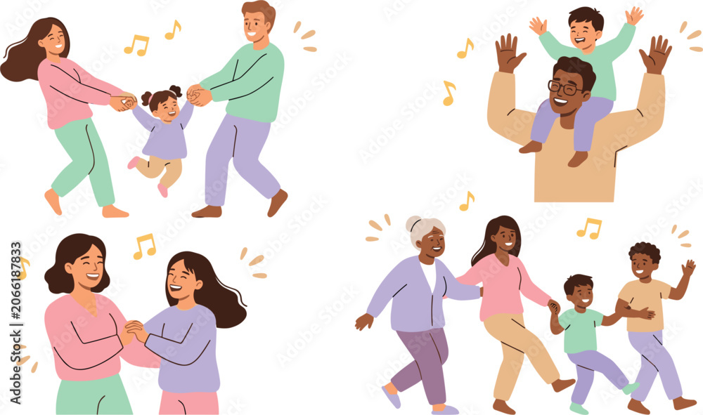 Fototapeta premium Happy Diverse Families Dancing and Listening to Music Vector Character Set Featuring Parents, Children, and Grandparents Enjoying Quality Time and Celebrating Together
