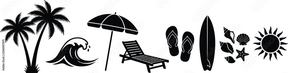 Fototapeta premium Black and white summer beach icons set featuring palm trees, wave, umbrella, surfboard, flip flops, and sun