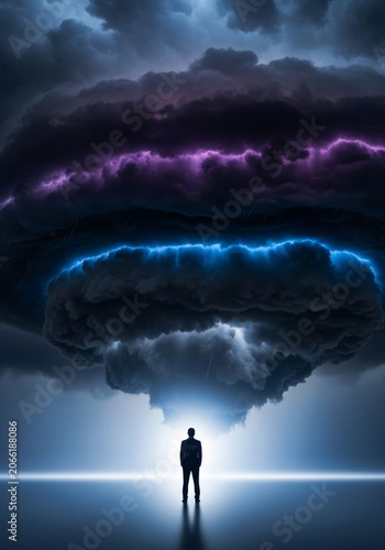 A professional silhouette stands beneath a massive dense storm cloud symbolizing heavy labor pressure and intense occupational atmosphere, strength, thunder, cloud