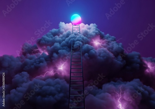 A tall metallic ladder ascends through heavy dark clouds toward a single glowing light symbolizing professional growth and intense stress, dream, dark, upward