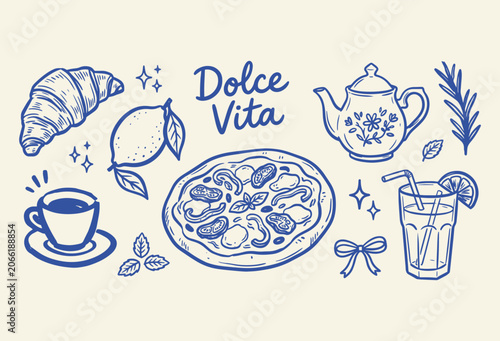 Schilderij op canvas Dolce vita sweet treats and drinks Vector, illustration