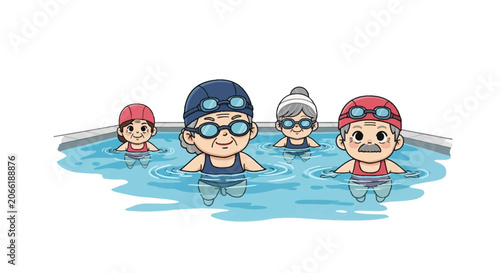 Chibi vector illustration of four diverse senior citizens wearing colorful swim caps and goggles while participating in a group water aerobics session or swimming class in a blue pool.