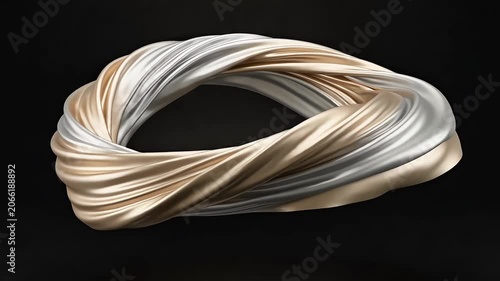 A continuous twisted ring of metallic gold and silver ribbons rotating on a dark background