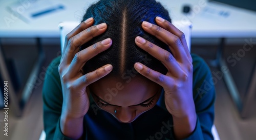 Dark skin hands massage temples in a modern office setting, depicting migraine, intense fatigue, pressure, and burnout during a busy day, computer, business, productivity