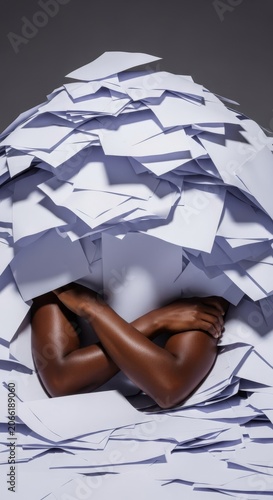 Dark-skinned arms and shoulders hunched deeply under a colossal pile of white paper, capturing the stress of an intense work environment, hard work, documents, serious