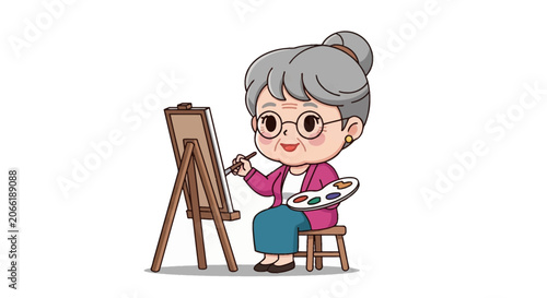 Chibi senior woman artist sitting on a stool painting on a wooden easel with palette and brush, cartoon grandmother character with grey hair and glasses isolated on white background.