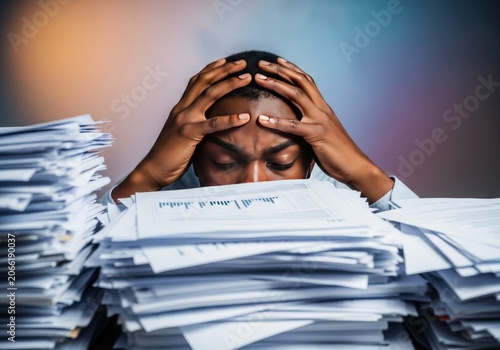 Stressed dark-skinned hands clutching a forehead over a desk buried in paperwork and reports, illustrating immense pressure and heavy tasks, hands, career, corporate