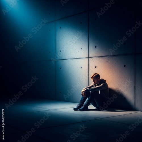Cold concrete walls surround a lonely presence in dim light. Long shadows and minimalist tones create a cinematic mood of quiet exhaustion, harsh, industrial, dark