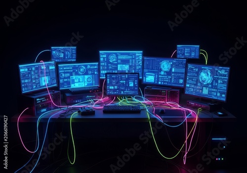 Multiple glowing monitors display complex data streams while tangled neon cables and hardware components overflow a dark, futuristic desk, vibrant, storage, desktop.