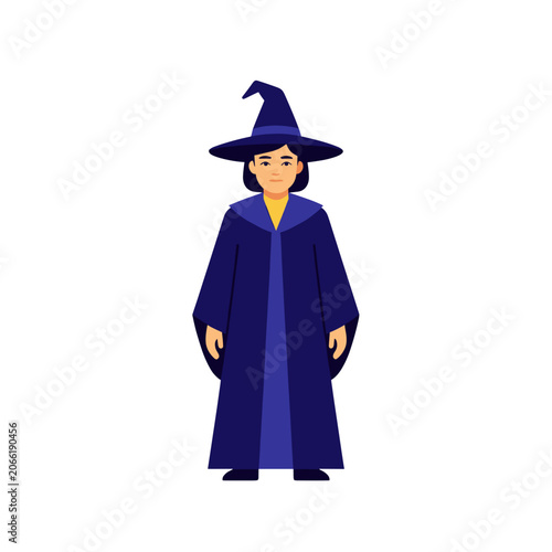 Wizard Character in Blue Robe and Pointed Hat Vector Illustration, Isolated Transparent Background for Fantasy Game or App UI