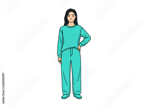Woman in Teal Loungewear Standing Pose Vector Illustration, Isolated Transparent Background for Fashion or Lifestyle Design