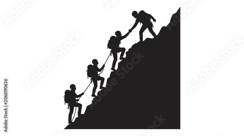 Tableau sur toile Climbers Helping Each Other Up A Mountain Black Silhouette