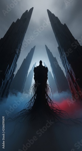 Heavy dark monoliths and swirling gray mist converge against a central deep ebony silhouette to represent intense tension and crushing weight, compression, depth, texture