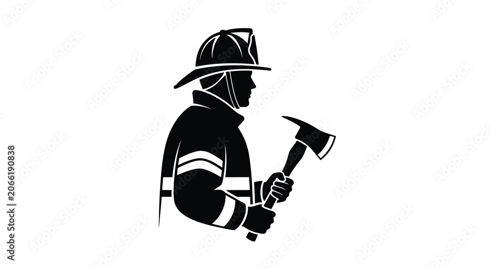Fototapeta premium Firefighter Silhouette With Axe Black On White Background