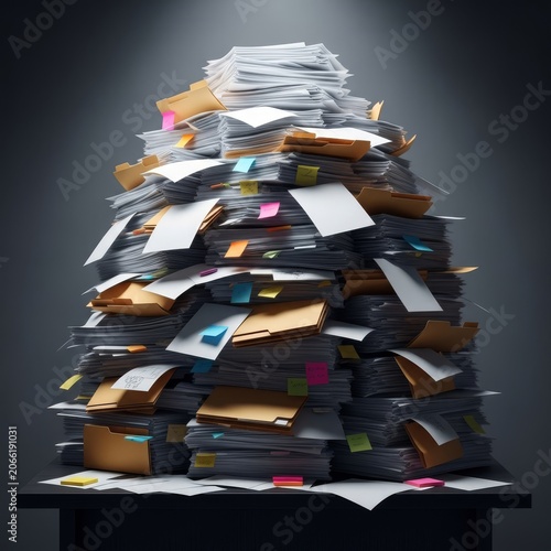 An immense mountain of white papers and manila folders completely obscures a professional desk, representing extreme workplace saturation, abundance, filing, finance