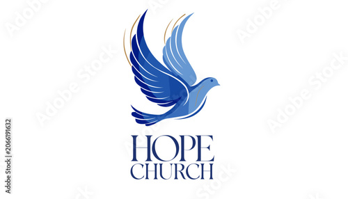 Foto A stylized blue dove with golden accents flying upwards, above the text 'HOPE CHURCH' on a white background, representing peace and spirituality