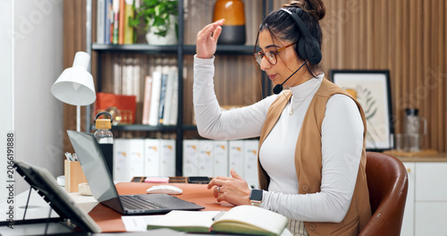 Photos Headset, talking and woman with laptop in office for call center, crm or online consultation