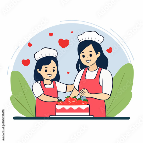 Mother and Daughter Decorating Strawberry Cake