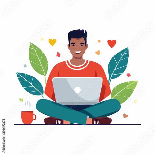 Man working on laptop with coffee and plants