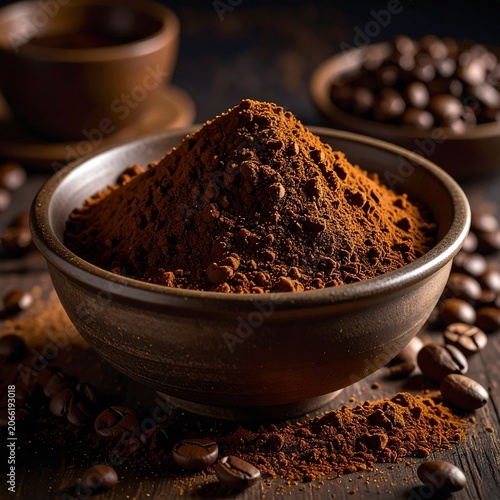 A brown bowl filled with a mound of reddish-brown powder surrounded by coffee beans on a wooden surface