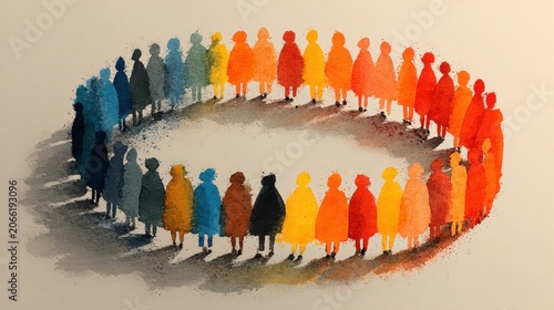 Abstract watercolor illustration of a diverse group of people forming a circle symbolizing recruitment and talent acquisition strategies