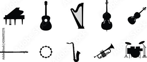 Quadro su tela Musical Instruments Silhouette Set with Piano Guitar Violin Harp and Drums
