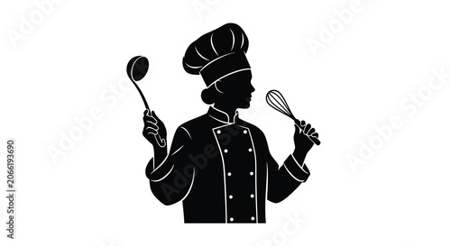 Chef Silhouette With Ladle And Whisk Against A White Background