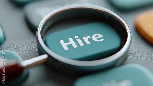 Illustration of a magnifying glass highlighting a hiring button showcasing strategies for recruitment and talent acquisition